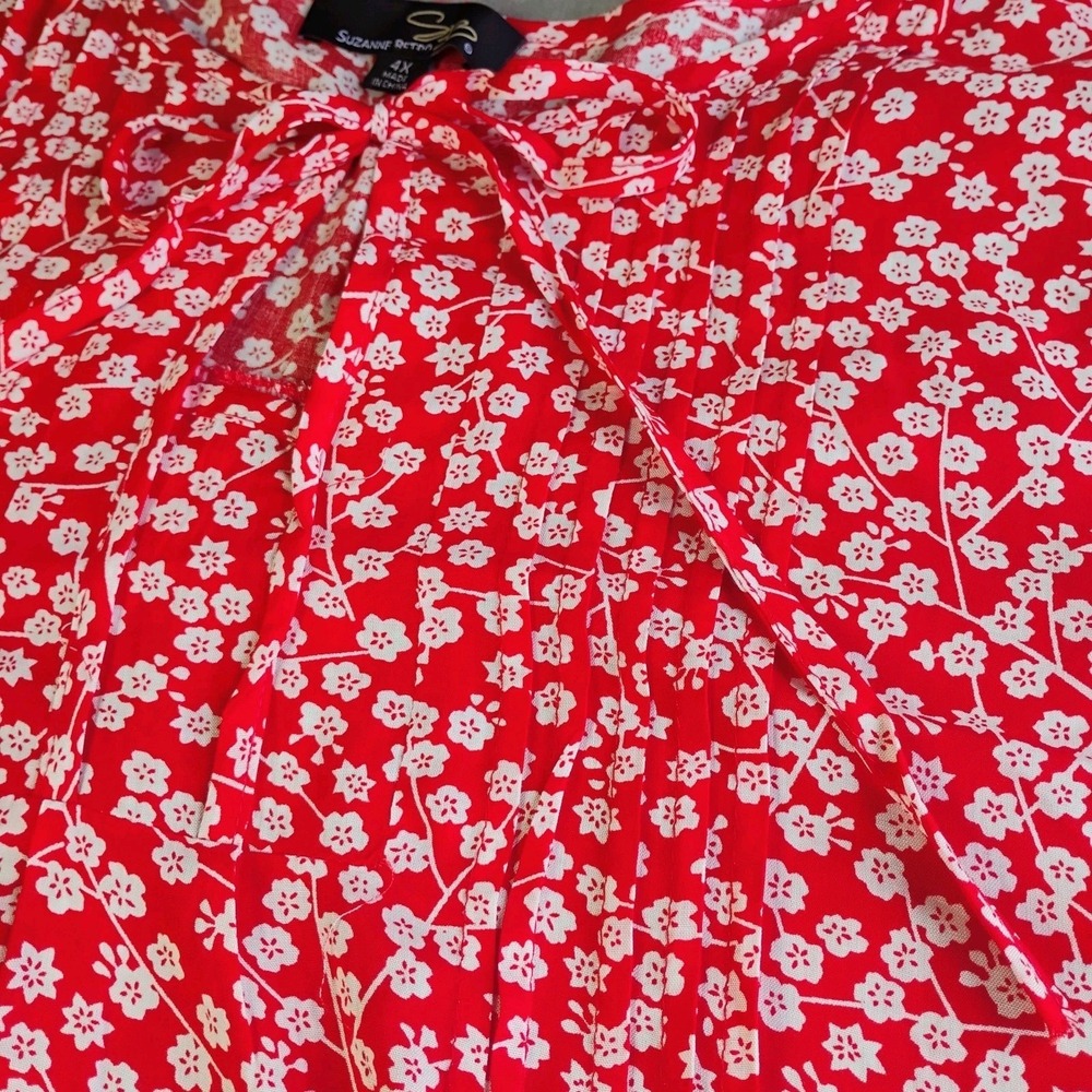 Suzanne Betro Long Sleeve Floral Top Womens 4X Red Tie Neck Keyhole Cottage Boho - Picture 6 of 9